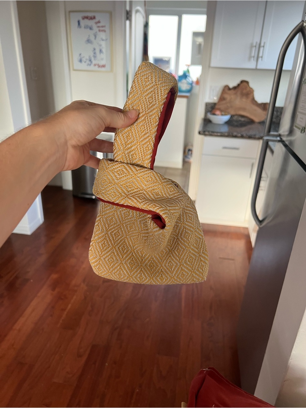 Yellow Woven Mini Bag with Red Trim